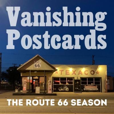 Graphic of Texaco gas station with the words Vanishing Postcards on top.