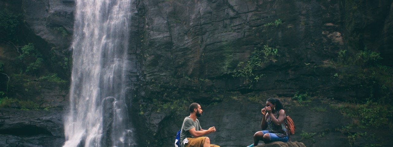 waterfall, friends talking, couple