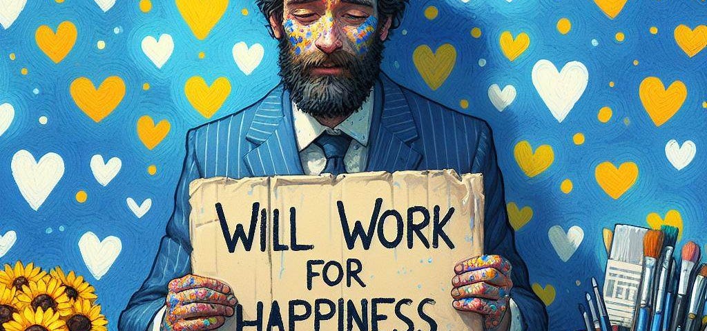 A saddened business man in suit with sign: “will work for happiness”