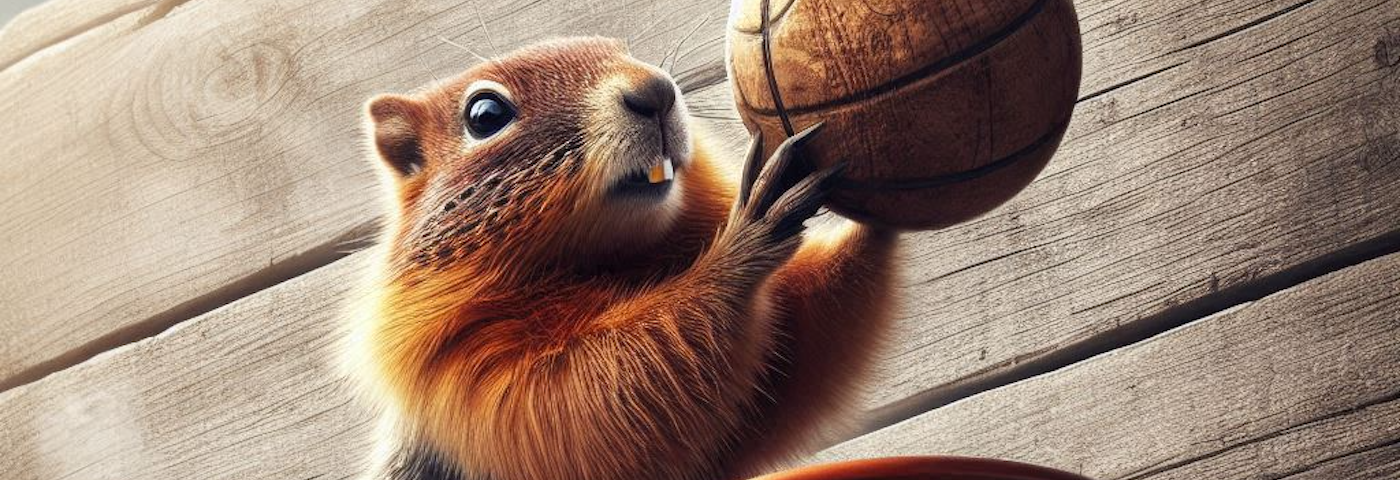 A woodchuck dunking a wooden basketball through a basketball hoop.