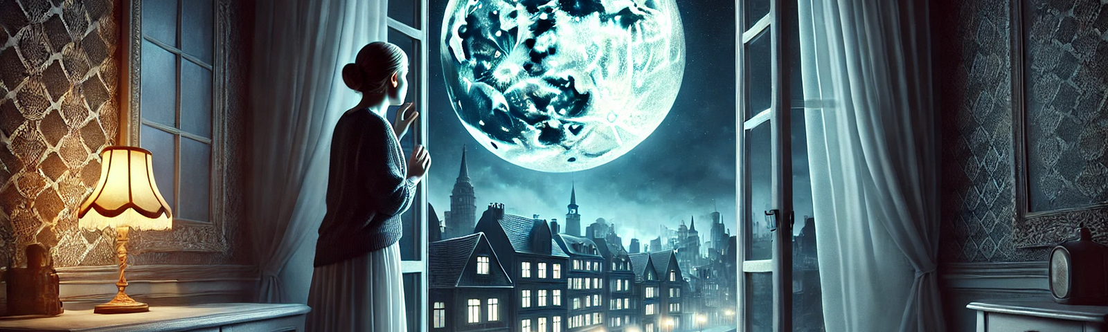 A woman peering out from a dimly lit room at a quiet, moonlit cityscape. The scene captures a serene yet eerie silence, with a full moon illuminating buildings and casting long shadows, emphasizing the unusual stillness of the night