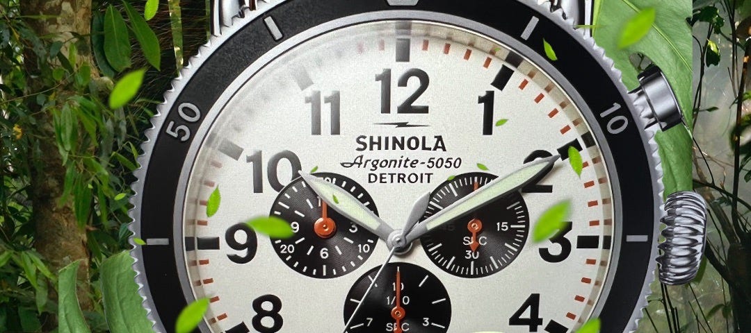 A Shinola watch with a Toucan in the foreground and a jungle in the background.