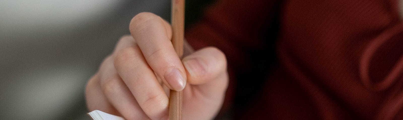 Person with wooden pencil on paper.