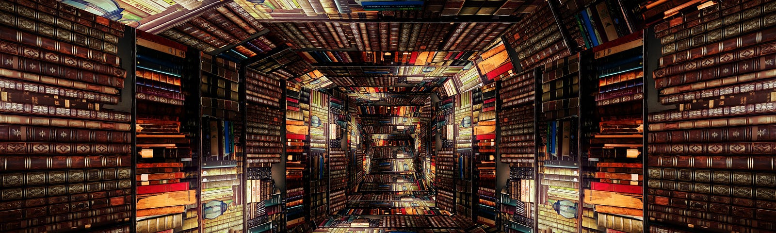 Photographic manipulation of library to appear as luminous, square-shaped tunnel.