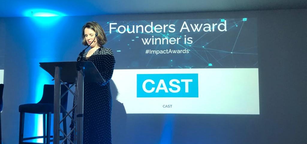 Photograph of BBC presenter and journalist Nina Warhurst announcing CAST’s award at Digital Leaders’​ Impact Awards