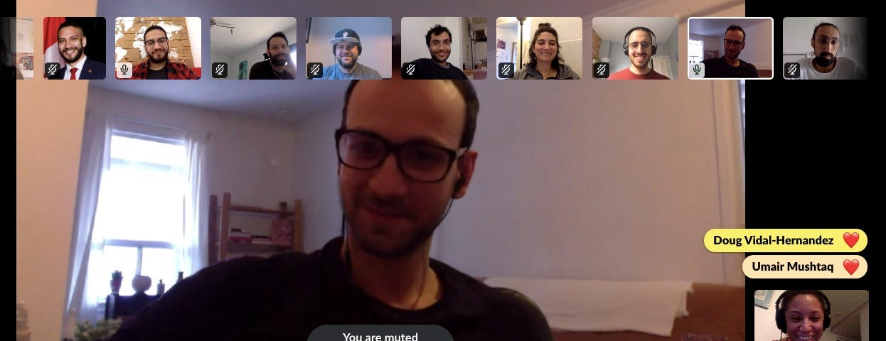 Our team’s faces on screen during our remote retro meeting via Slack!