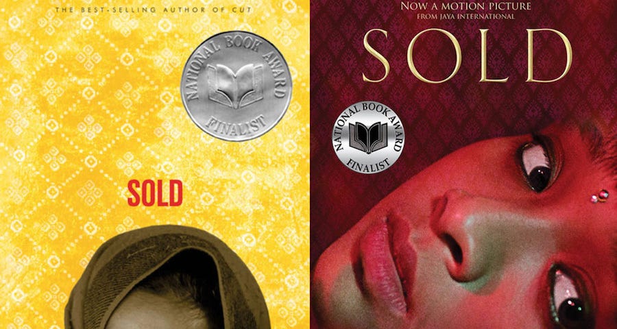 Covers of first edition and later movie tie-in edition of “Sold”