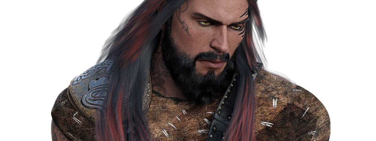 A male warrior, long haired and battle scarred.