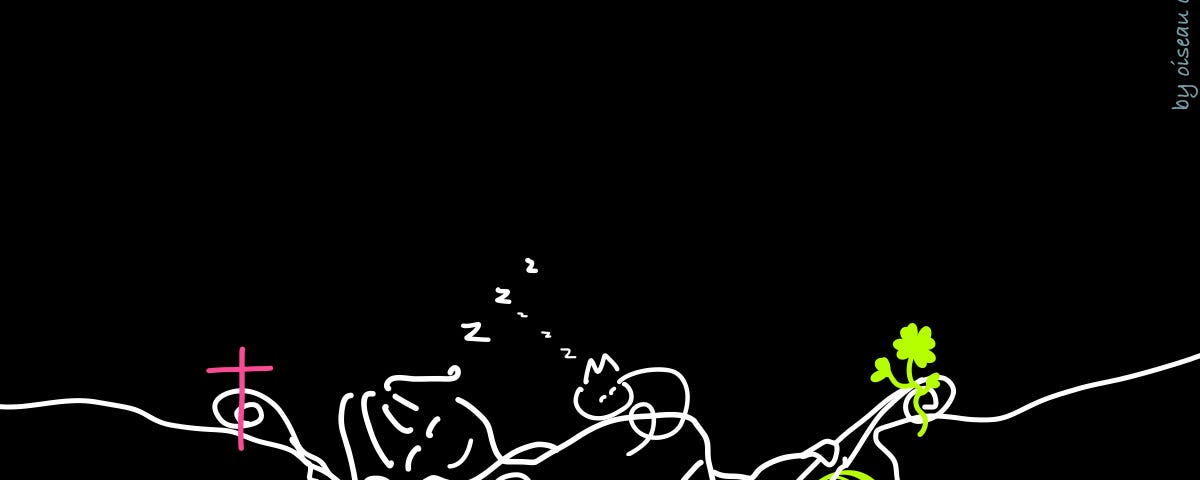 Illustration of giggle girl sleeping peacefully on a string between a large crack, together with a small cat on top