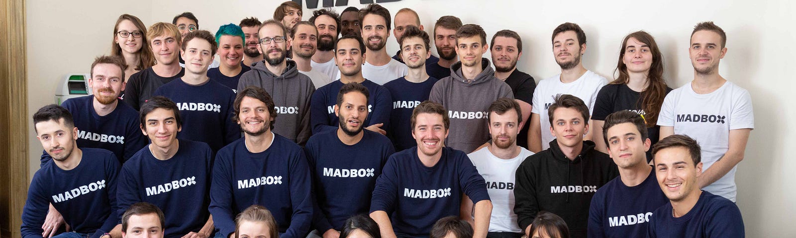 Here you will see the team of people at Madbox Paris gathered for a group photo. Bright with smiles and wearing Madbox branded clothing, they’re ready to great mad things. Picture taken in 2019.