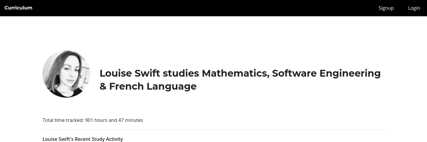 A screenshot of a profile on Curriculum-app.io that includes the text “901 hours and 47 minutes”
