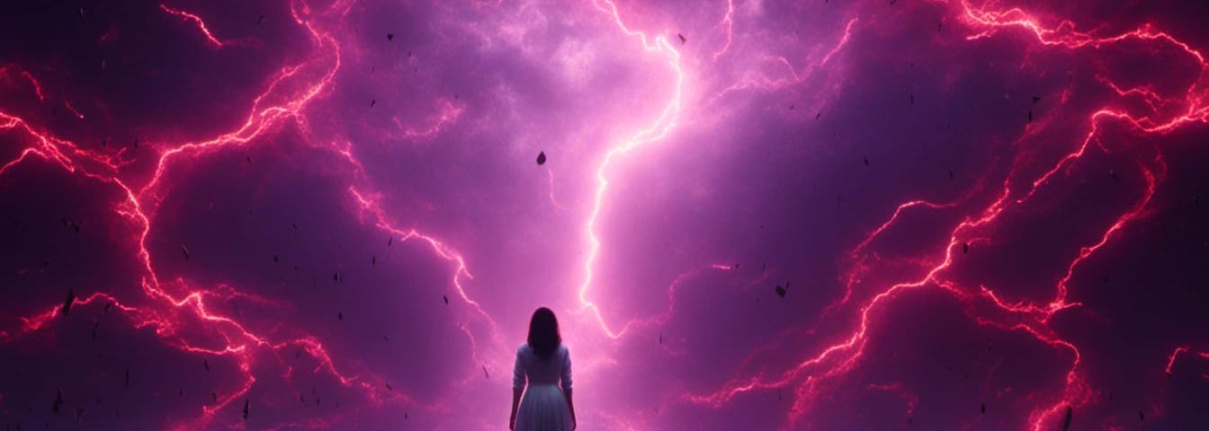 A storm of red and violet lightning rages before a woman dressed in white who stands upon a barren earth.