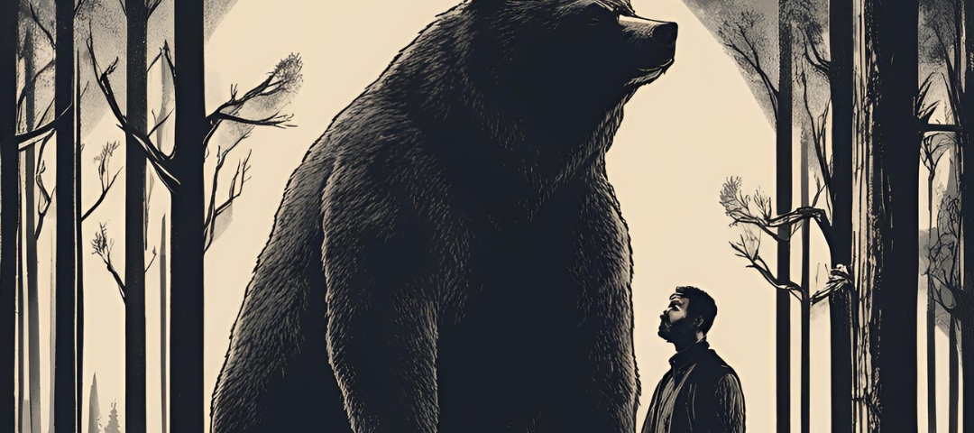 A bear and a man in a forest at night.