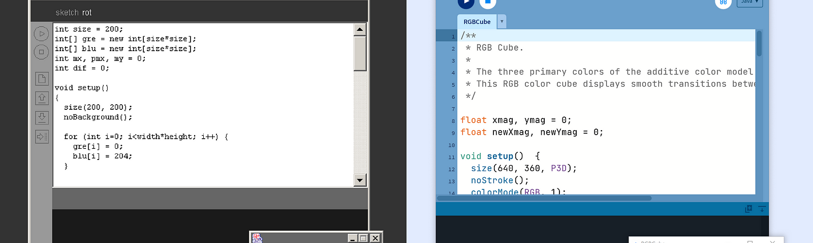 Left side: Alpha version of Processing (then spelled Proce55ing) running on Windows — Right side: Processing 4.0.1 running on Windows 10.