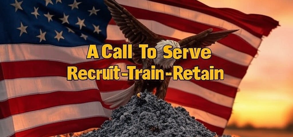 American Flag in background- Foreground shows a bald eagle and the text: “A Call To Serve —: Recruit-Train-Retain”