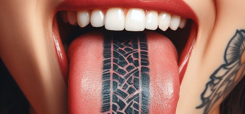 closeup of woman’s mouth with her tongue sticking out that has a tattoo of tire tread down the middle