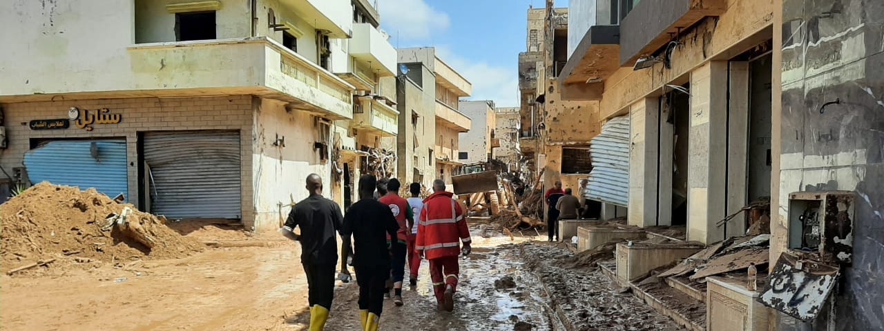 Members of Libyan Red Crescent Ajdabiya work in an area affected by flooding, in Derna, Libya, September 12, 2023. Photo by Libyan Red Crescent Ajdabiya via Reuters