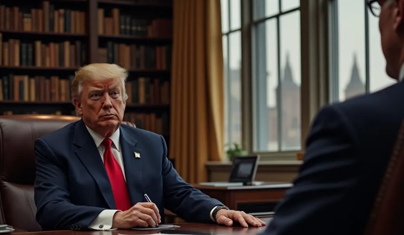 Donald Trump, a man in a blue suit, white shirt and red tie sits in front of a desk with an over the shoulder shot of a man, an interviewer. Election2024, Kamala Harris, GOP, Democrats,