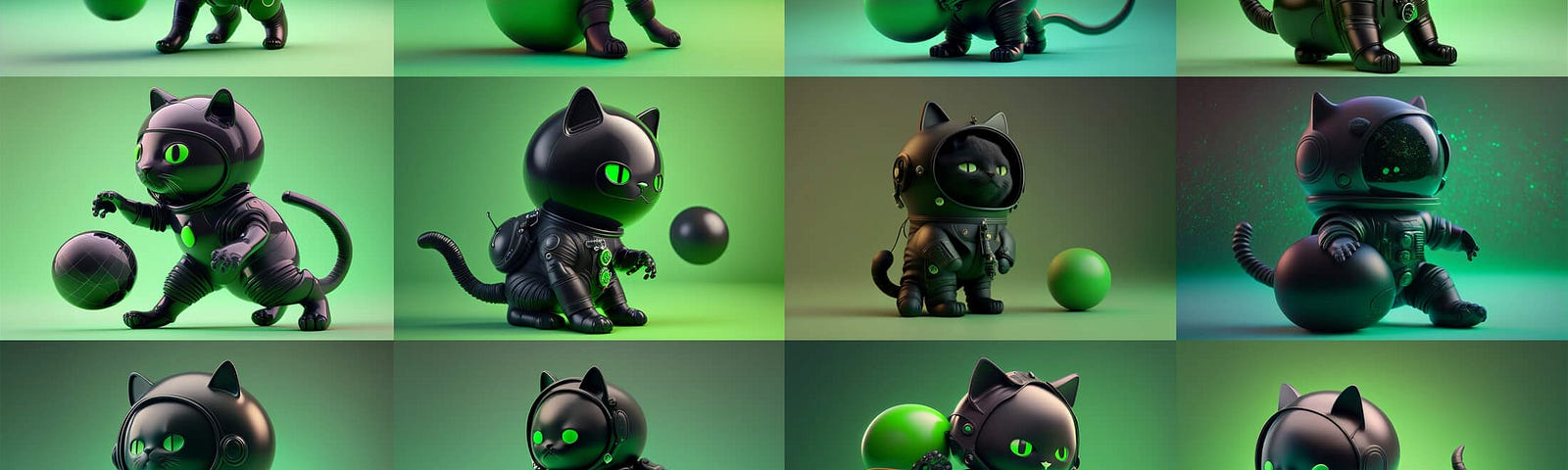 16 3D images of black cats in black space suits playing with balls