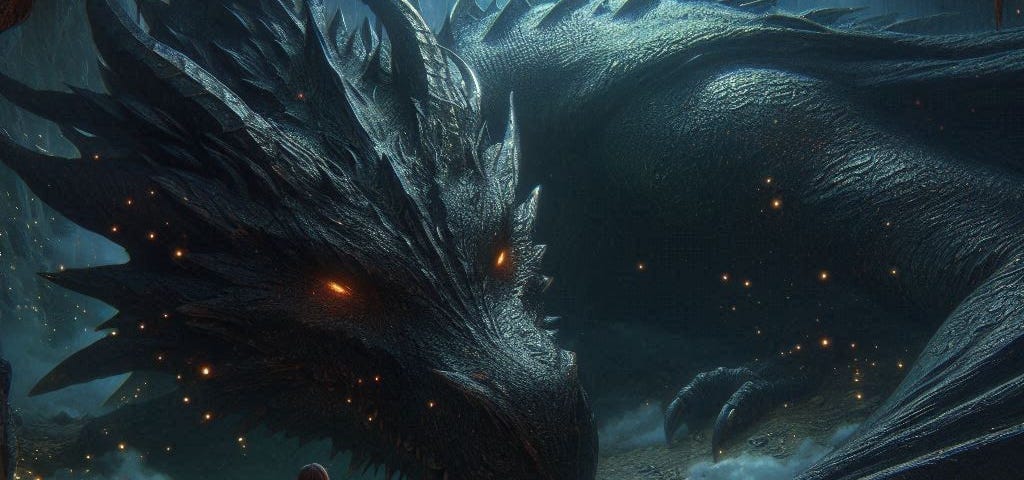 A sword mage looking down at a black-scaled dragon in a cave