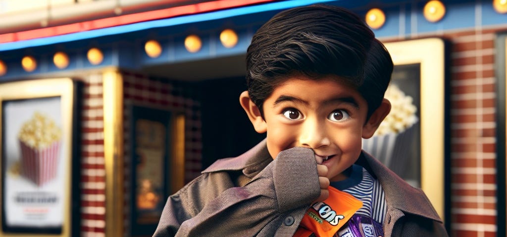 a boy sneaks candy into his clothing before entering a movie theater