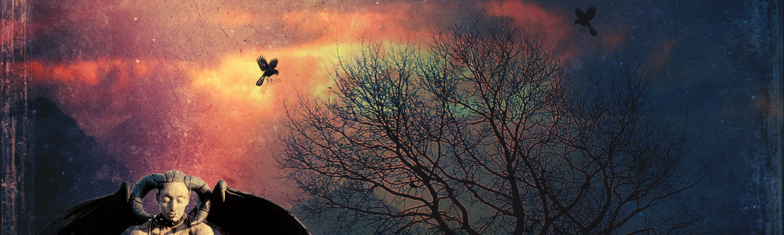 Female Gargoyle crouches down with eyes closed as the sun sets behind her. Background of a mountain landscape with leafless tree with crows flying around it.