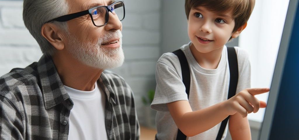 An elderly man is at a desktop computer with his hands on the keyboard and his eyes on the monitor. A young boy is pointing at something on the monitor.