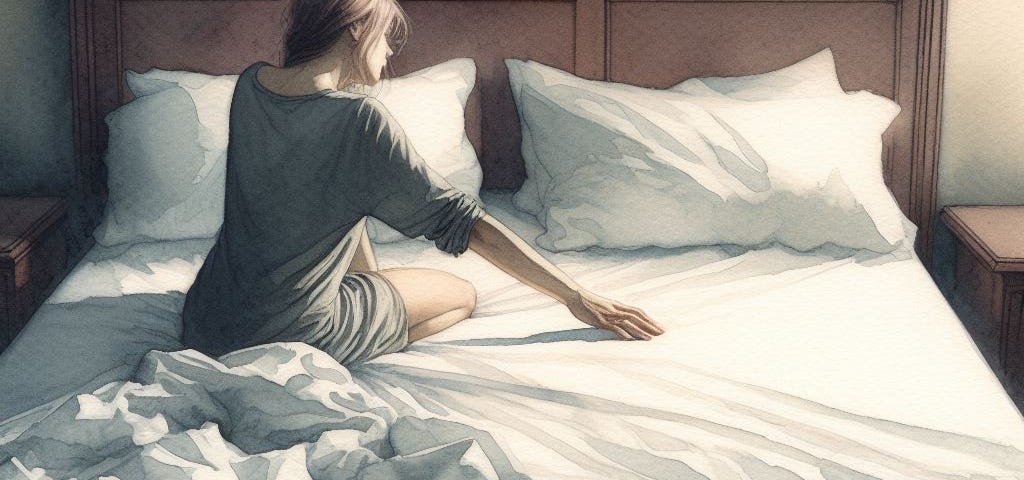 A watercolor image in the artistic style of Andrew Wyeth. The painting is of a woman in a large bed. She is alone. Her arm is outstretched to the empty side of the bed, which is undisturbed and hasn’t been slept in. The woman is looking toward the pillow on the empty side of the bed. This watercolor has muted tones, with lighting indicative of early morning.