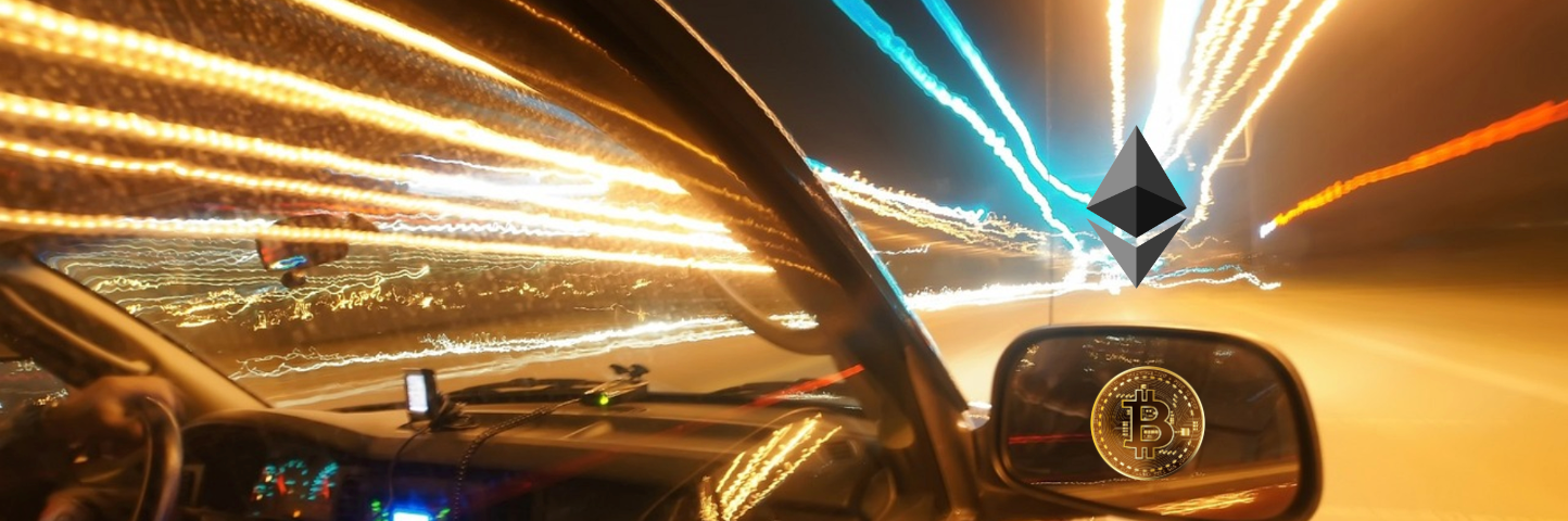 Car driving fast with Bitcoin logo in side mirror and Ethereum logo on horizon