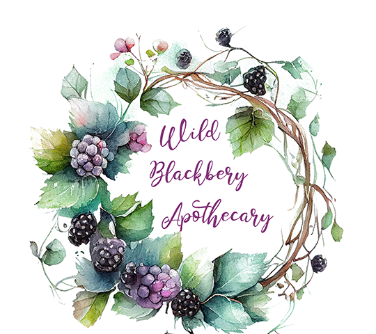 Wild Blackberry Apothecary Logo — a wreath of blackberry vines with ripening blackberries, and the words “Wild Blackberry Apothecary” in the center of the wreath.