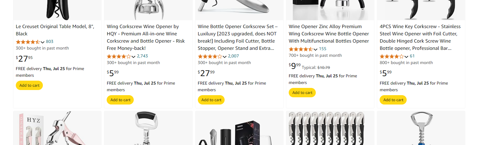 Screenshot of an Amazon page showing rows of corkscrews for sale in various shapes, colors, and prices