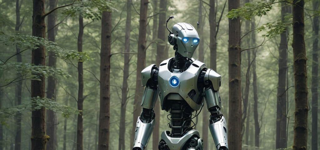 Robot walking in the forest.