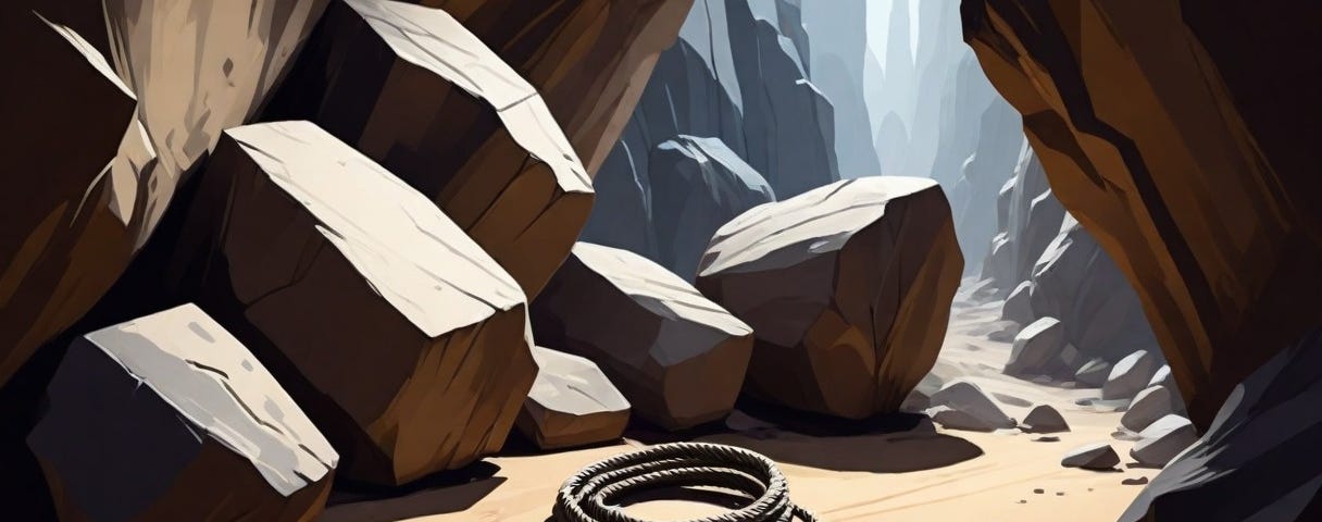 slashed pieces of rope beside a boulder, cave background, ambient shadowy lighting