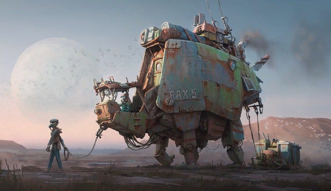 A four-legged robotic mech reminiscent of an giant ox, about 15 feet high and 15 long. The head is an open-air cockpit with a masked driver. In from the mech is another masked person holding a securing cable. The mech is blue, rusty, and laiden with gear on top of the hull. It drags several containers along the wastelent.