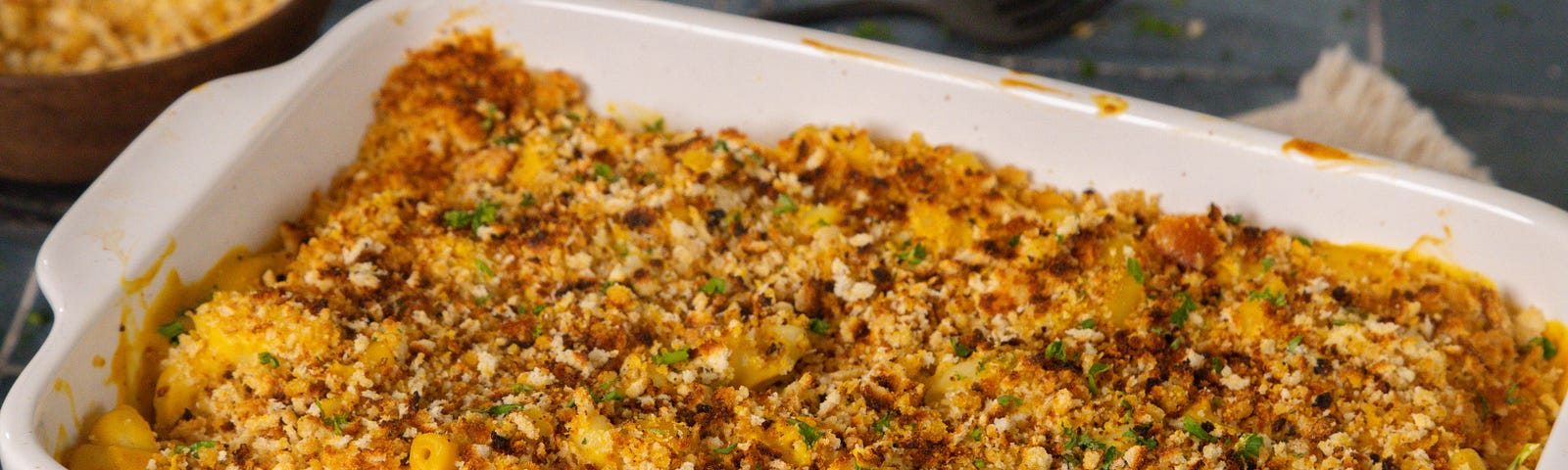 Baked Vegan Mac and Cheese in a baking dish
