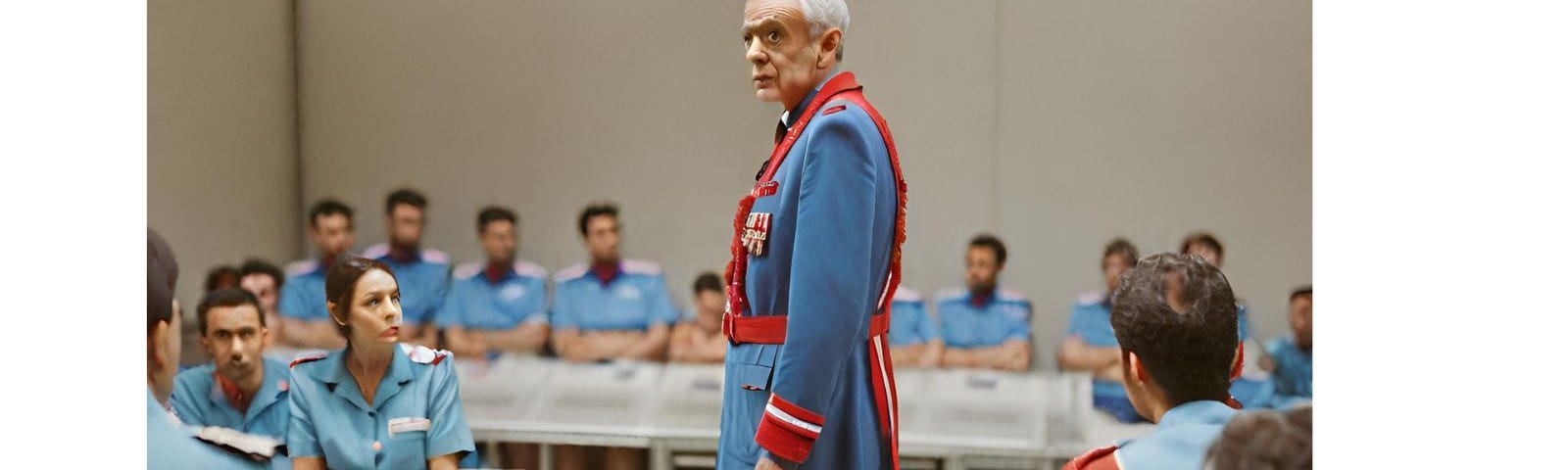 An older man, about 60 years old, wearing a blue-and-red uniform, speaking to a group of 14 men and women wearing blue uniforms, seated at separate desks in a futuristic briefing room