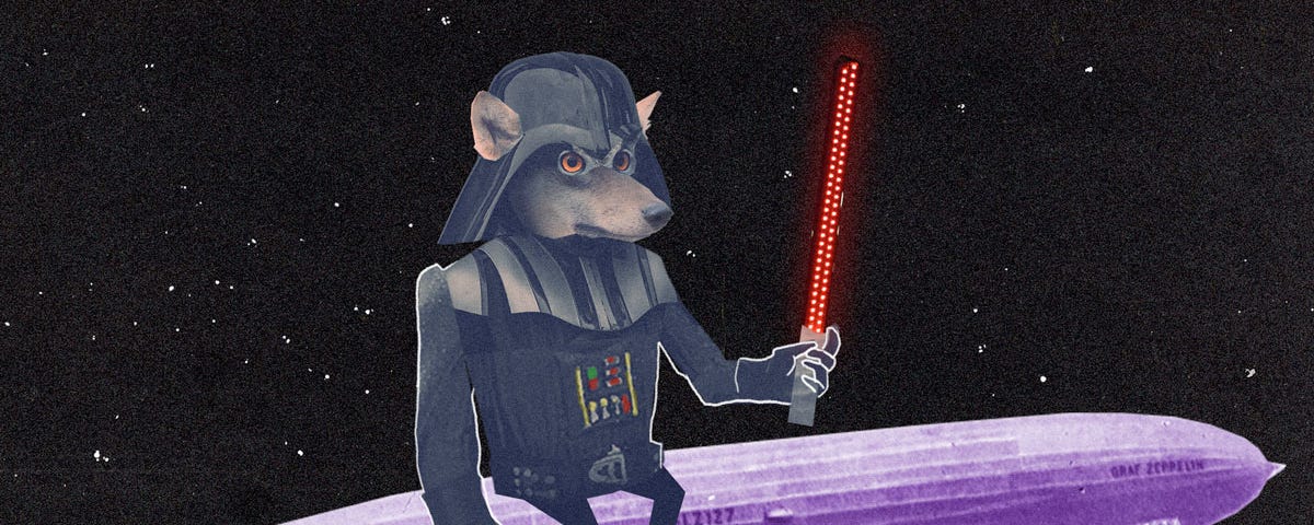 Image description: A wolf wearing a Darth Vader costume and carrying a light saber rides a zeppelin through starry outer space.
