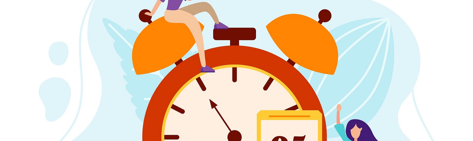 Daily morning routine — woman rise under the alarm clock on the phone. charging on the pillow and cheerful mood characters in flat style. vector illustration.