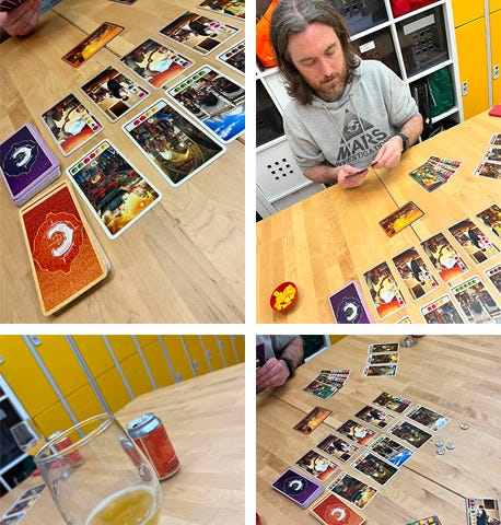 Four pictures in a montage showing people playing a card based game while eating nibbles and drinking wine and soft drinks