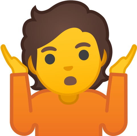 An emoji — person using shrugging hand gestures —open  hands up next to ears.