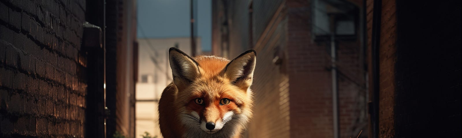 A red fox walking down an alley in a city.