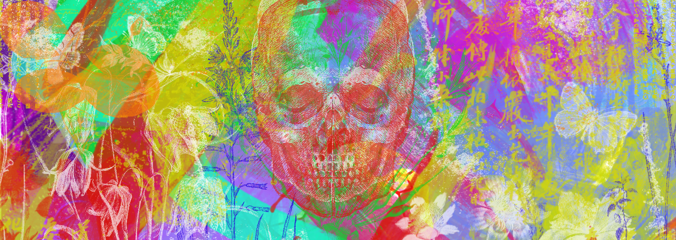 Psychedelic layering of plants, shapes and electric colours overlapping with skull in centre.