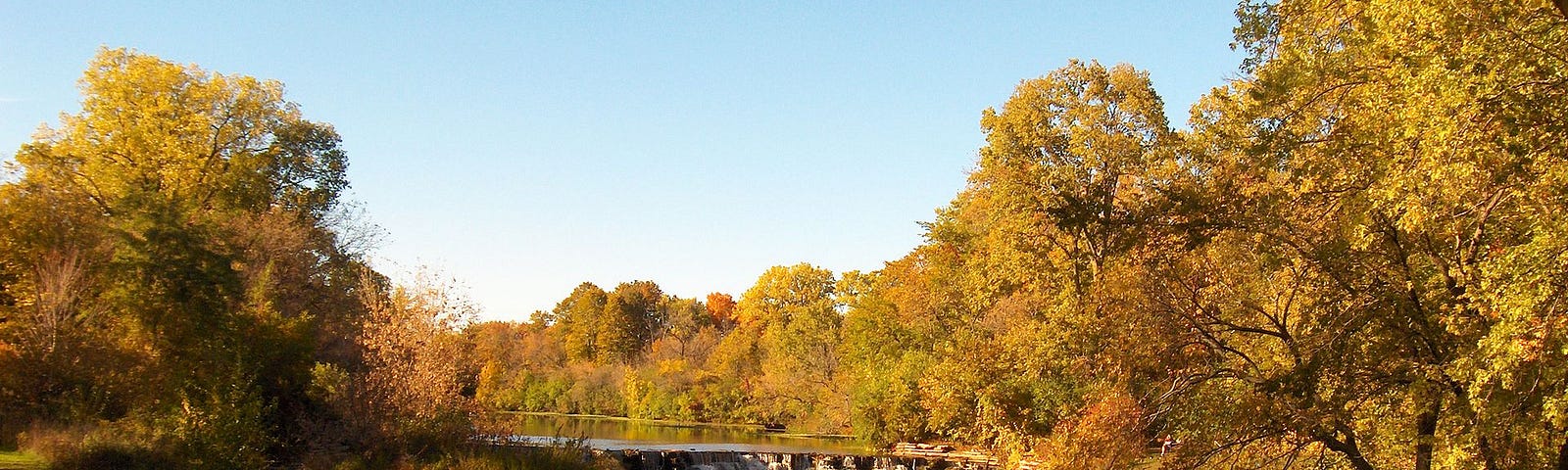 The DuPage River in Illinois  surrounded by orange-leaved trees.