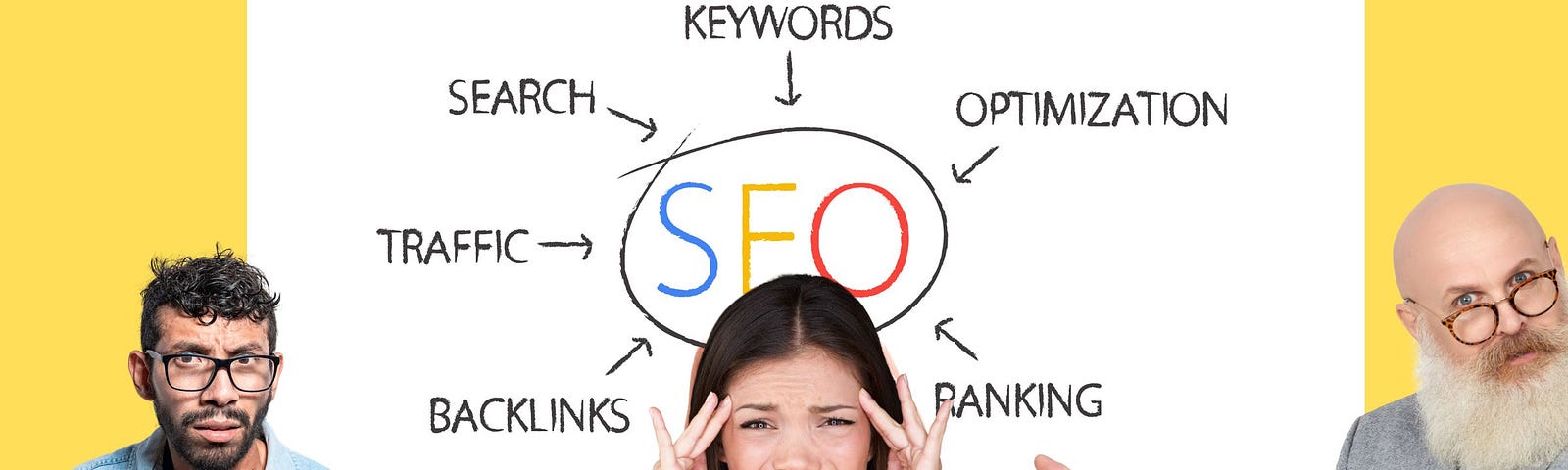 A confused man and woman, graphic of keywords, SEO, professor