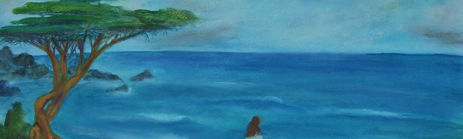 A master stands on a cliff under a lone tree. He gazes at the see. Faces can be seen in the sky and in the ground.