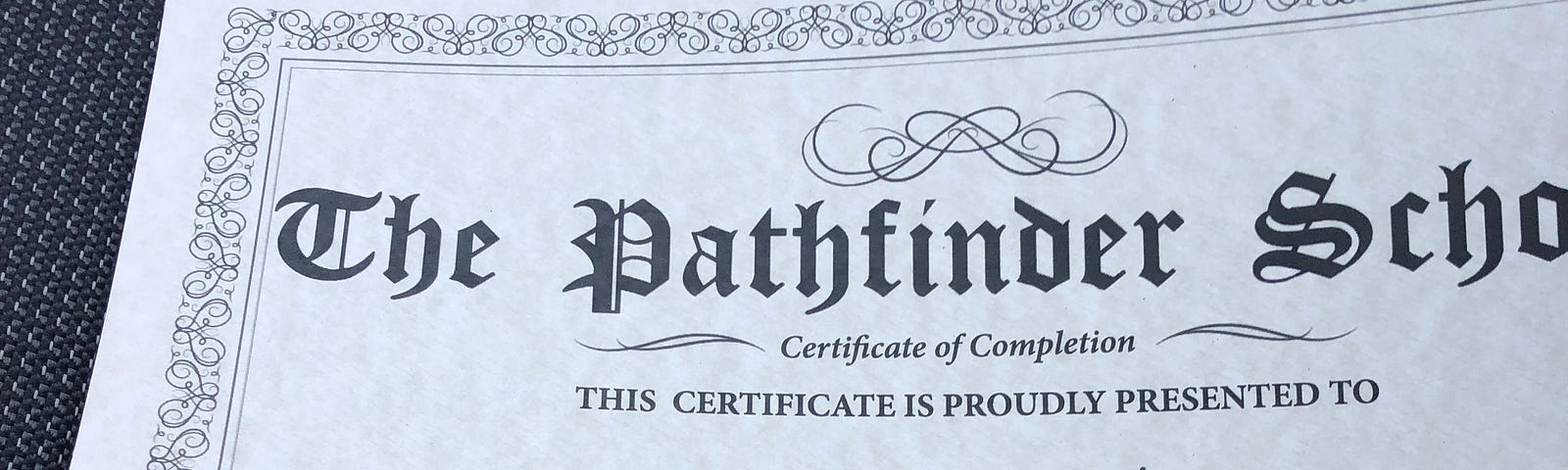 Close-up photograph of the author’s Pathfinder School Certificate of completion.