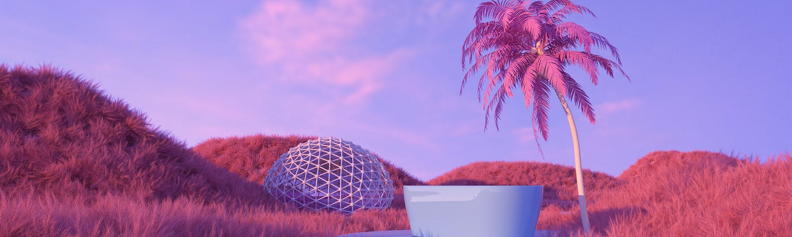 Virtual scene with a geometric dome in the background, a palm tree, and a bathtub in the middle of a hilly field.