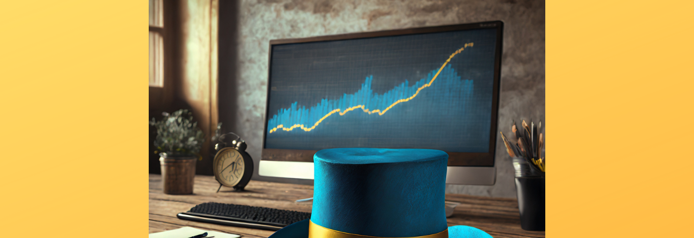 Small, light-blue, formal top hat with yellow band next to computer monitor; line graph on monitor; rustic setting