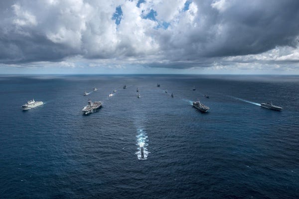 USS Key West leads in formation with 17 other ships from the Multinational during Talisman Sabre 2019.