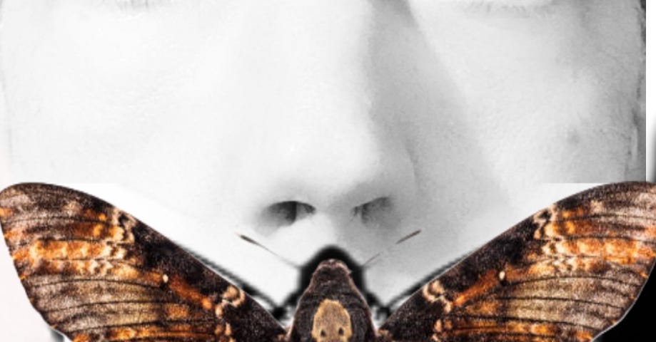 A close-up of the author with a “death moth” over his mouth.